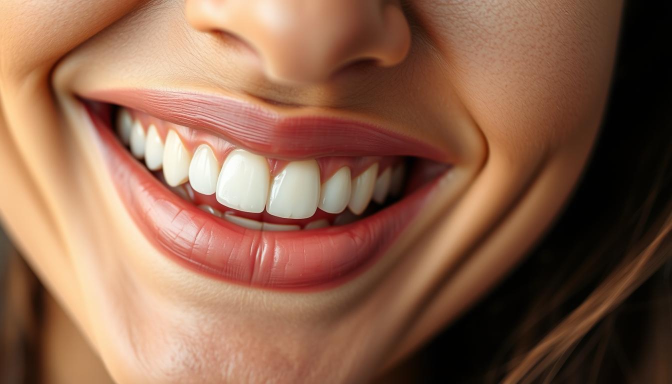 Vibrant closeup of a person's radiant smile, capturing the intricate details of their teeth and gums. The lighting is soft and natural, illuminating the subtle textures and nuances of the smile. The focus is sharp, drawing the viewer's attention to the expressive quality of the teeth, conveying a sense of warmth and vitality. The background is blurred, emphasizing the smile as the central subject. The overall composition is balanced and visually compelling, highlighting the power of a genuine, genuine smile and its impact on one's appearance and overall well-being.