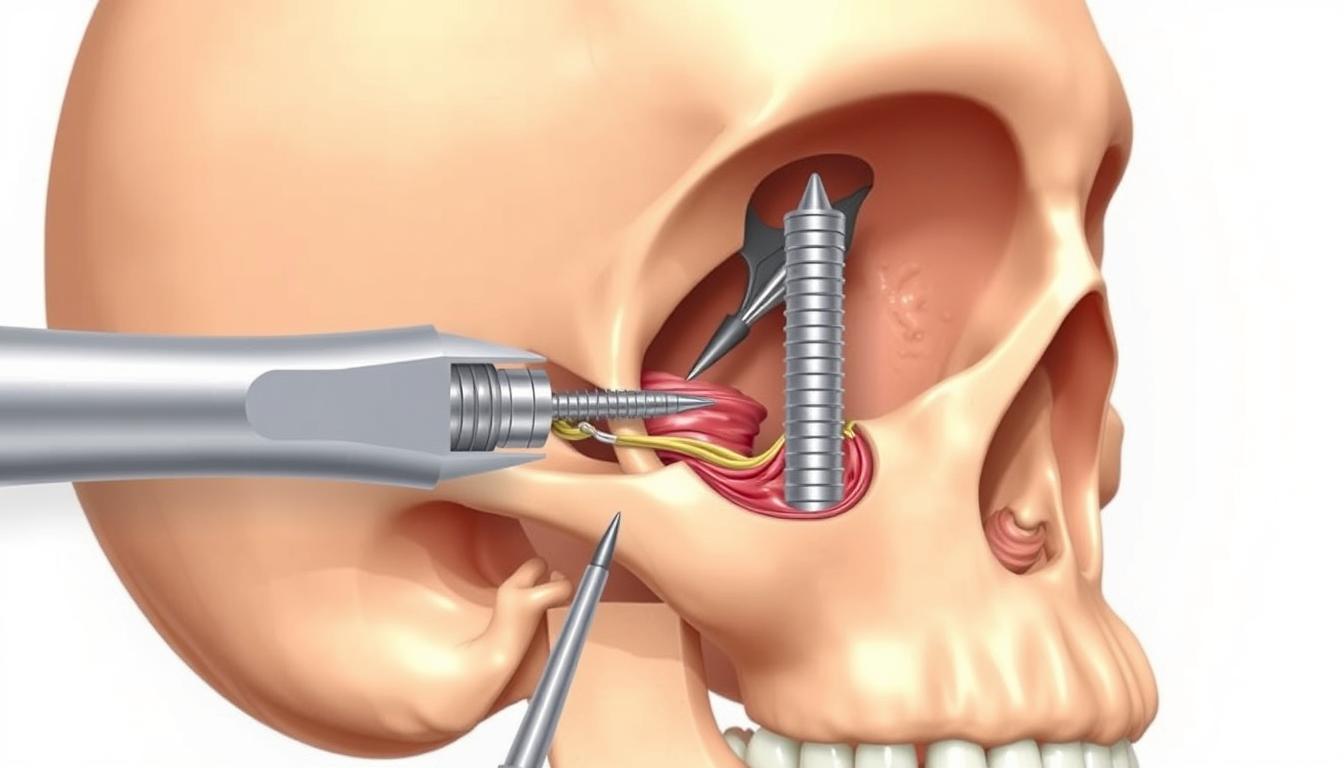 Surgical procedure of zygomatic implant placement showing the implant trajectory