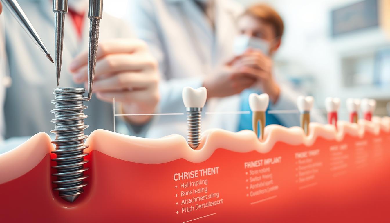 A detailed timeline illustration depicting the various stages of a dental implant procedure. The foreground showcases a close-up view of a dental implant being surgically placed into the jawbone, with precise surgical instruments and a focused medical professional's hands in view. The middle ground presents a step-by-step progression of the implant integration process, including bone healing and the attachment of the abutment and crown. The background features a softly blurred medical setting, conveying a sense of professionalism and care. The overall scene is lit with a warm, natural light, creating a soothing and informative atmosphere.