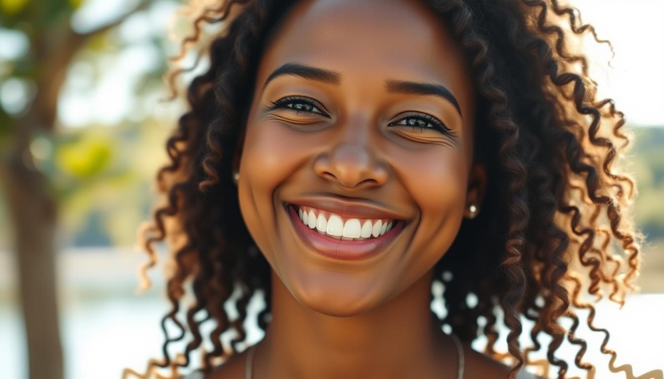 A confident and radiant individual, their smile shining with renewed self-assurance, stands against a serene, sun-dappled backdrop. The subject's face is bathed in soft, natural lighting, accentuating the seamless integration of dental implants that have restored their smile to its former glory. The middle ground features a soothing, blurred landscape, allowing the viewer's focus to remain on the subject's expression of renewed self-esteem. The overall atmosphere conveys a sense of tranquility, empowerment, and the transformative power of dental implants in restoring one's confidence and sense of well-being.