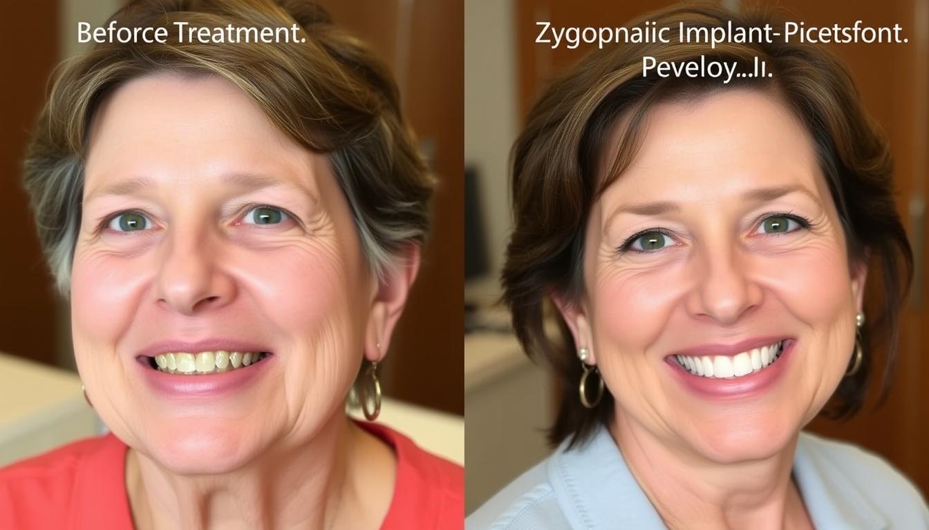 Before and after transformation of a patient with zygomatic implants showing improved smile and confidence