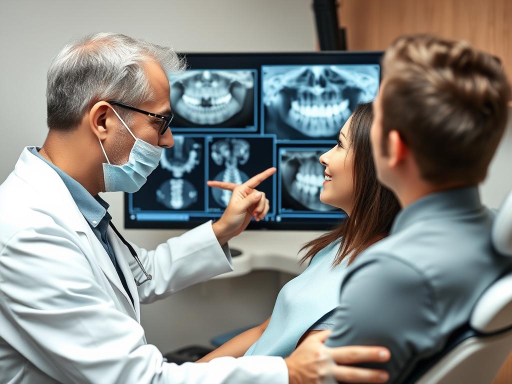 Dentist evaluating patient's oral health for dental implant candidacy