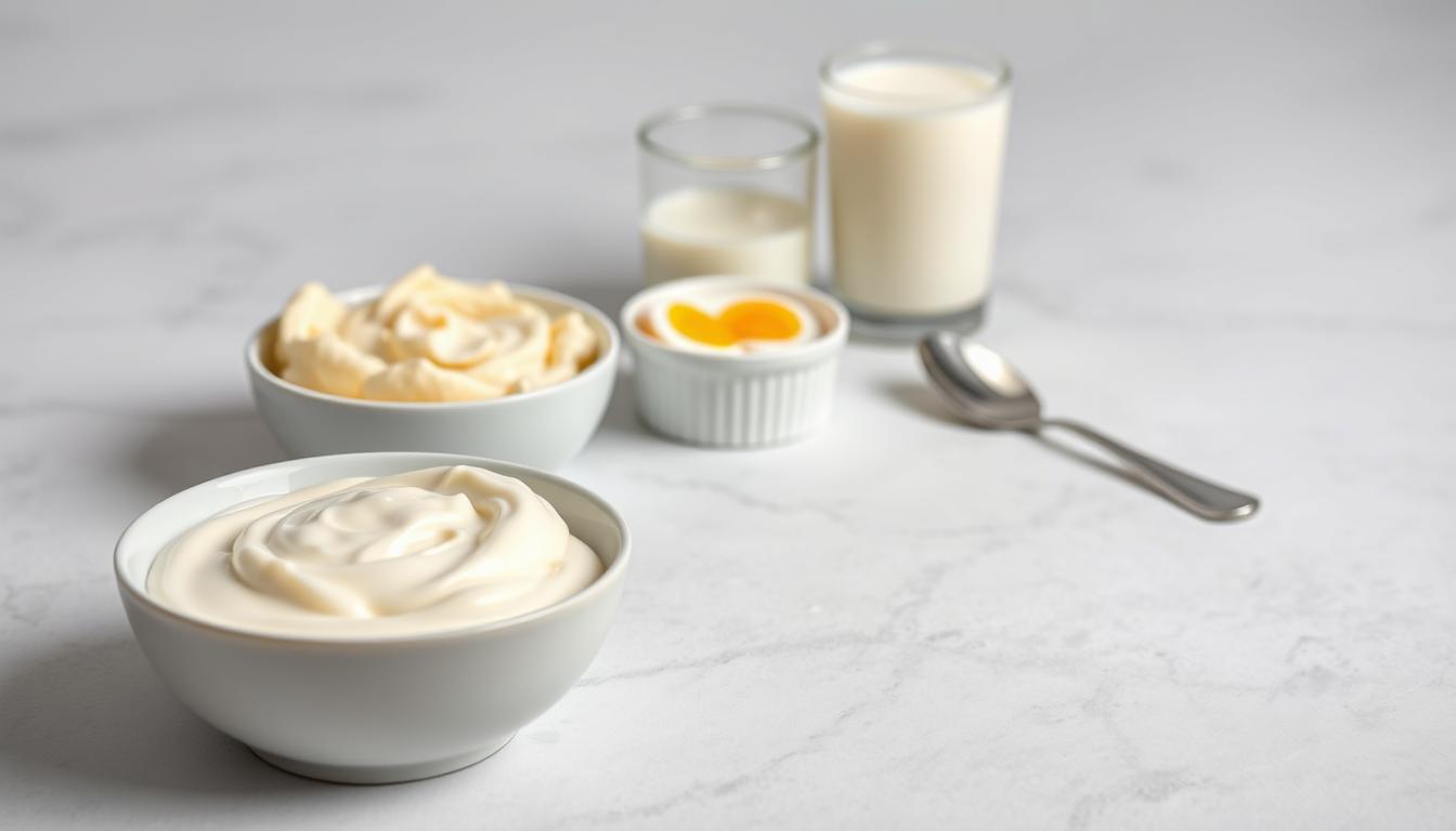 A neatly arranged spread of soft, creamy foods on a light gray background. In the foreground, a bowl of smooth mashed potatoes, a cup of yogurt, and a ramekin of soft-boiled eggs. In the middle ground, a glass of milk and a spoon rest gently. The lighting is soft and diffused, creating a soothing, comforting atmosphere. The camera angle is slightly elevated, showcasing the textures and colors of the post-surgery recovery-friendly meal. The overall mood is one of nourishment and gentle care, suitable for someone recently undergone dental implant surgery.