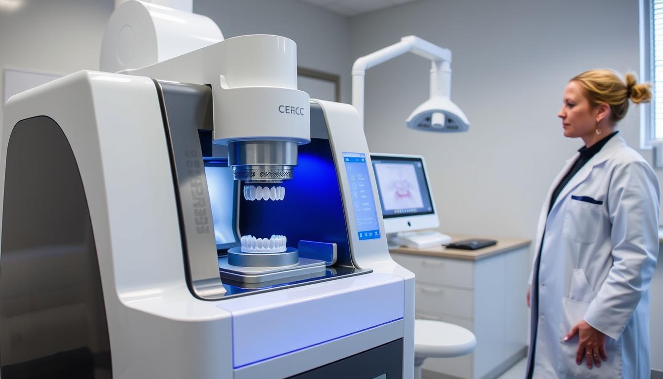 CEREC 3D machine creating a dental crown in a modern dental office