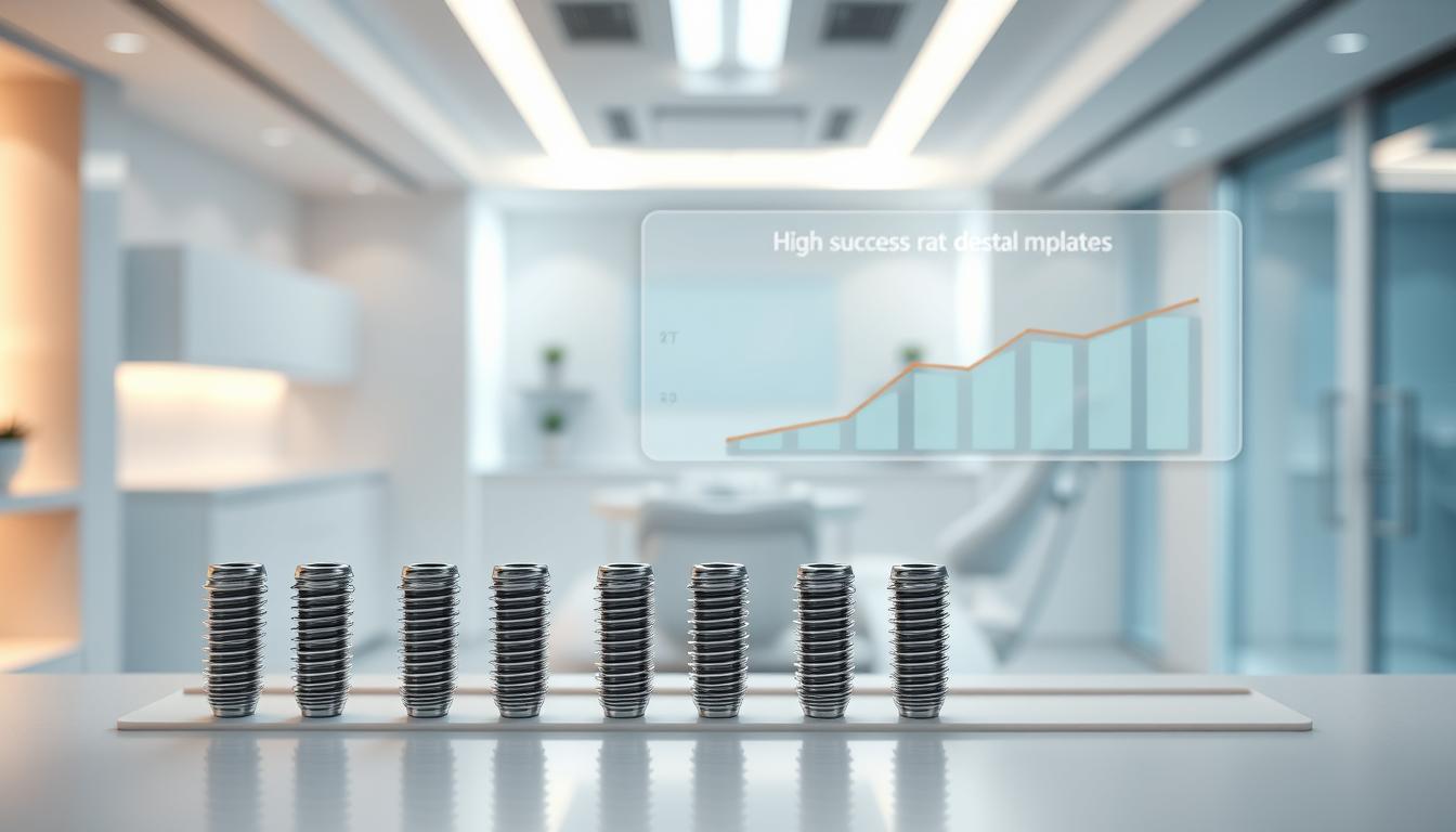 A sleek, modern dental clinic interior with clean, minimalist aesthetics. In the foreground, a row of dental implants showcased on a minimalist display, their metallic surfaces reflecting the warm, focused lighting. In the middle ground, a chart or graph illustrating the high success rates of dental implants, presented in a clear, infographic-style visualization. The background features a serene, blurred view of the clinic, conveying a sense of professionalism and expertise. The overall atmosphere is one of clinical precision, attention to detail, and confidence in the longevity and reliability of dental implant treatments.