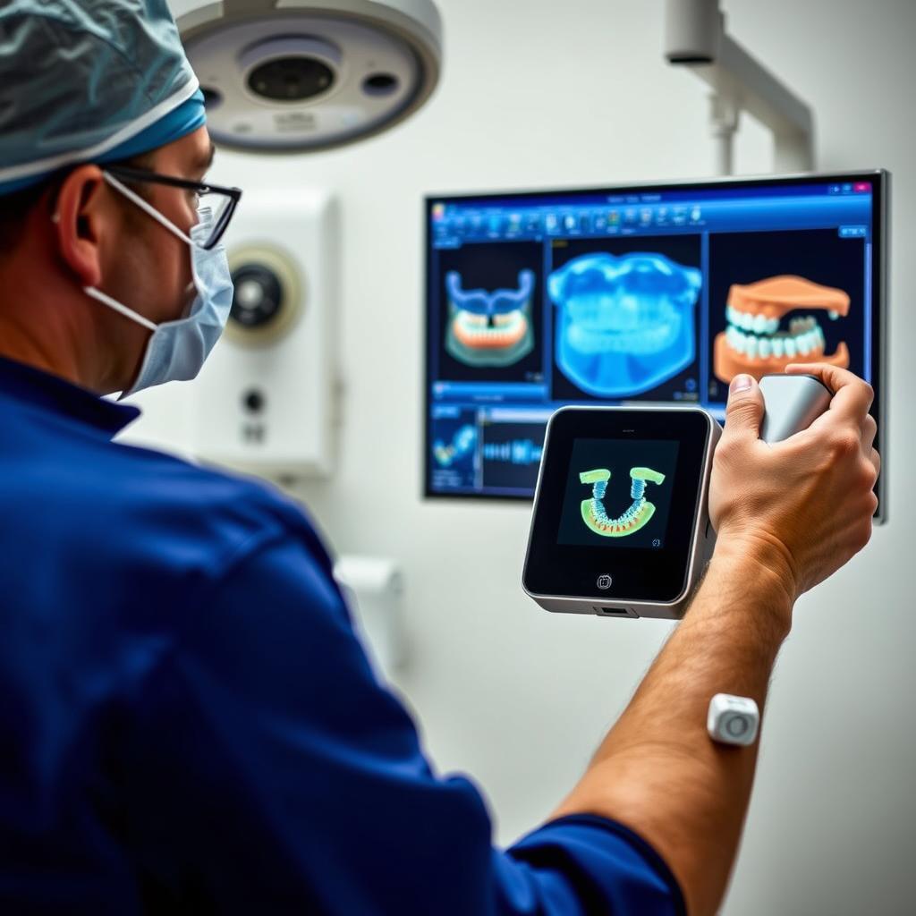 Dental surgeon using DEXIS Scanner with Nomad for implant planning and placement