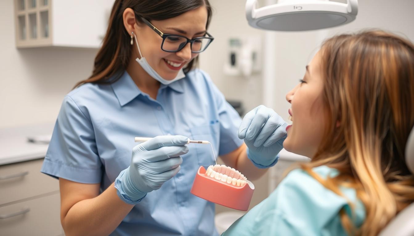 Dental hygienist demonstrating proper cleaning techniques for zygomatic implant prosthesis