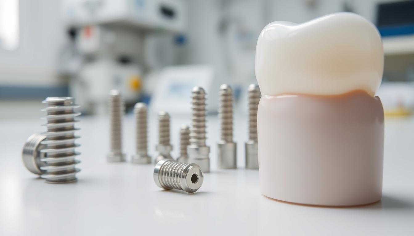 A close-up view of various dental implant materials laid out on a clean, well-lit surface. In the foreground, a titanium dental implant fixture, a zirconia abutment, and a porcelain crown. In the middle ground, a selection of different-sized dental implant screws and fixtures made from titanium alloys. In the background, a blurred medical or dental laboratory setting, conveying a sense of precision and scientific research. The lighting is bright and diffuse, highlighting the textures and sheen of the metallic and ceramic components. The angle is slightly elevated, providing a detailed, technical perspective on the range of materials used in modern dental implant technology.