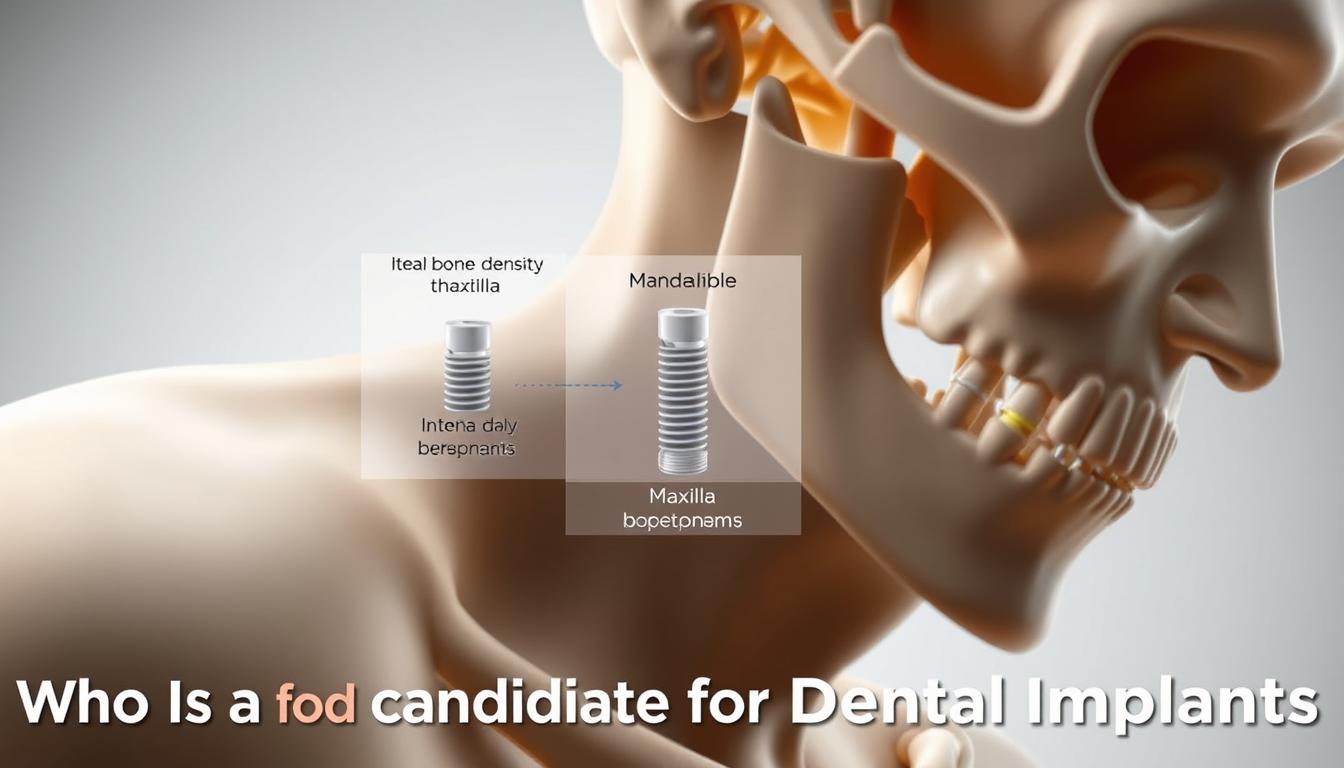 A high-contrast, photorealistic image of human jawbone structure showcasing the bone density requirements for dental implants. The foreground features a detailed cross-section of the jaw, highlighting the varying bone densities in the maxilla and mandible. In the middle ground, transparent overlays illustrate the ideal bone density thresholds for successful implant placement. The background depicts a neutral, clinical environment with soft lighting to emphasize the technical nature of the subject matter. The image conveys a sense of precision and medical expertise, supporting the "Who Is a Good Candidate for Dental Implants" section of the article.