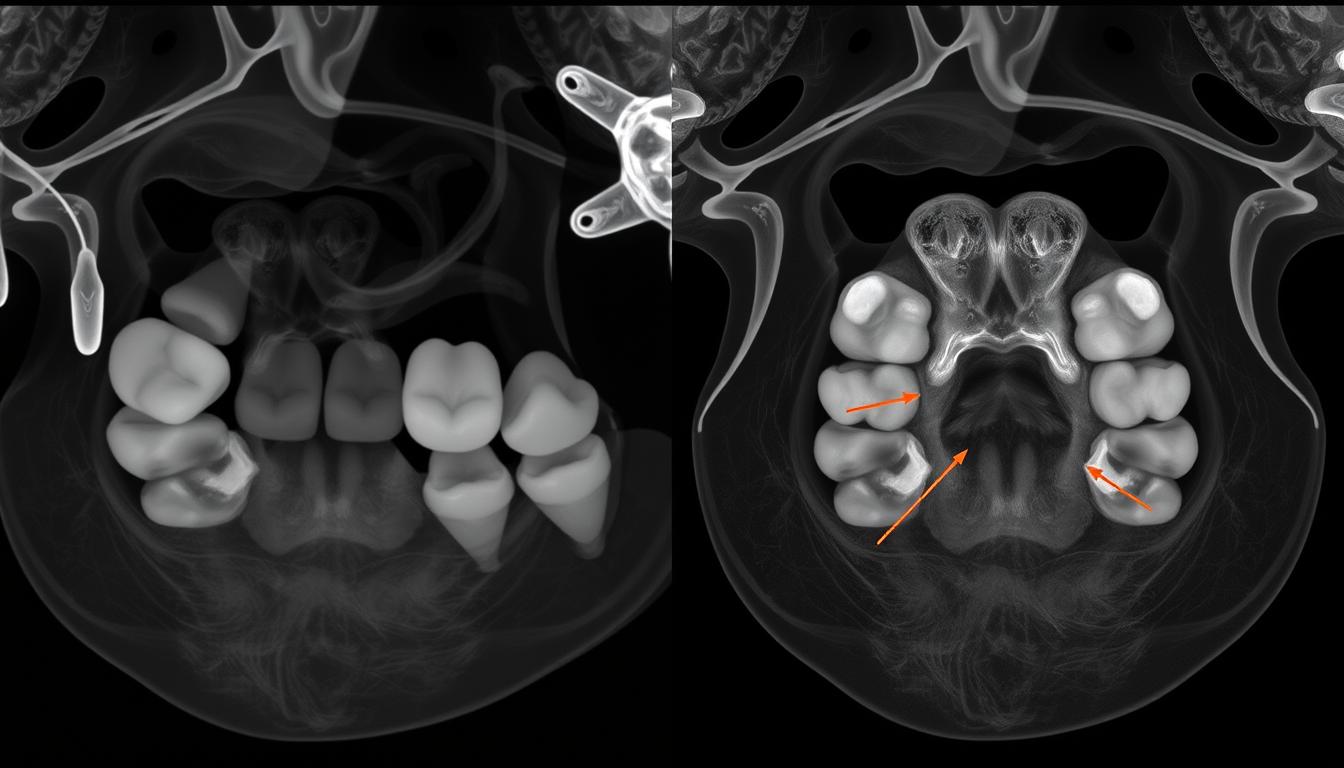Side-by-side comparison of traditional dental X-ray and CBCT scan of the same area showing the difference in detail