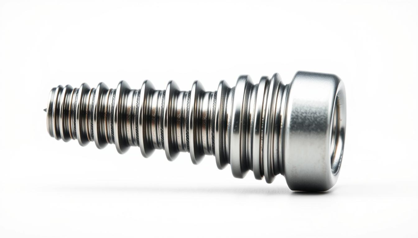 A detailed, high-resolution close-up image of a dental implant, showcasing its intricate structure and components. The implant is positioned against a clean, neutral background, allowing the viewer to focus solely on its design. The lighting is soft and diffused, creating a sense of depth and highlighting the implant's textures and materials. The camera angle is slightly angled to provide a clear, three-dimensional view of the implant, revealing its titanium screw, abutment, and crown. The level of detail should be sufficient to educate the viewer on the key elements that make up a dental implant, as would be appropriate for an informative article on the topic.