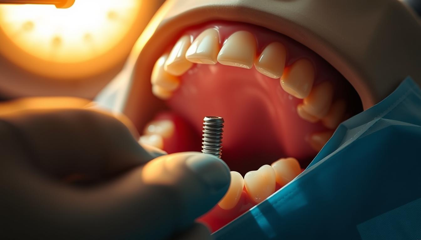 A close-up view of a dental implant surgery scene, shot with a medium-format camera. In the foreground, the dentist's gloved hands carefully manipulating surgical tools. In the middle ground, a partially opened mouth revealing the jawbone structure and the implant being placed. The background is softly blurred, highlighting the intense focus of the procedure. Warm, directional lighting creates dramatic shadows, conveying the technical precision and importance of the surgery. The overall mood is one of meticulous attention to detail, underscoring the factors that can influence the duration of a dental implant procedure.