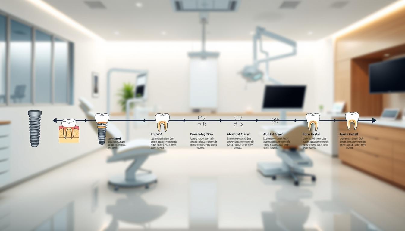 A detailed timeline showcasing the stages of the dental implant process. In the foreground, a series of illustrated cross-sectional diagrams depicting the implant placement, bone integration, and abutment/crown installation. In the middle ground, a sleek timeline graphic with labeled steps. The background features a sophisticated medical office setting with modern dental equipment and soothing, natural lighting. The overall tone is informative, visually engaging, and reassuring, conveying the precision and care involved in the dental implant procedure.
