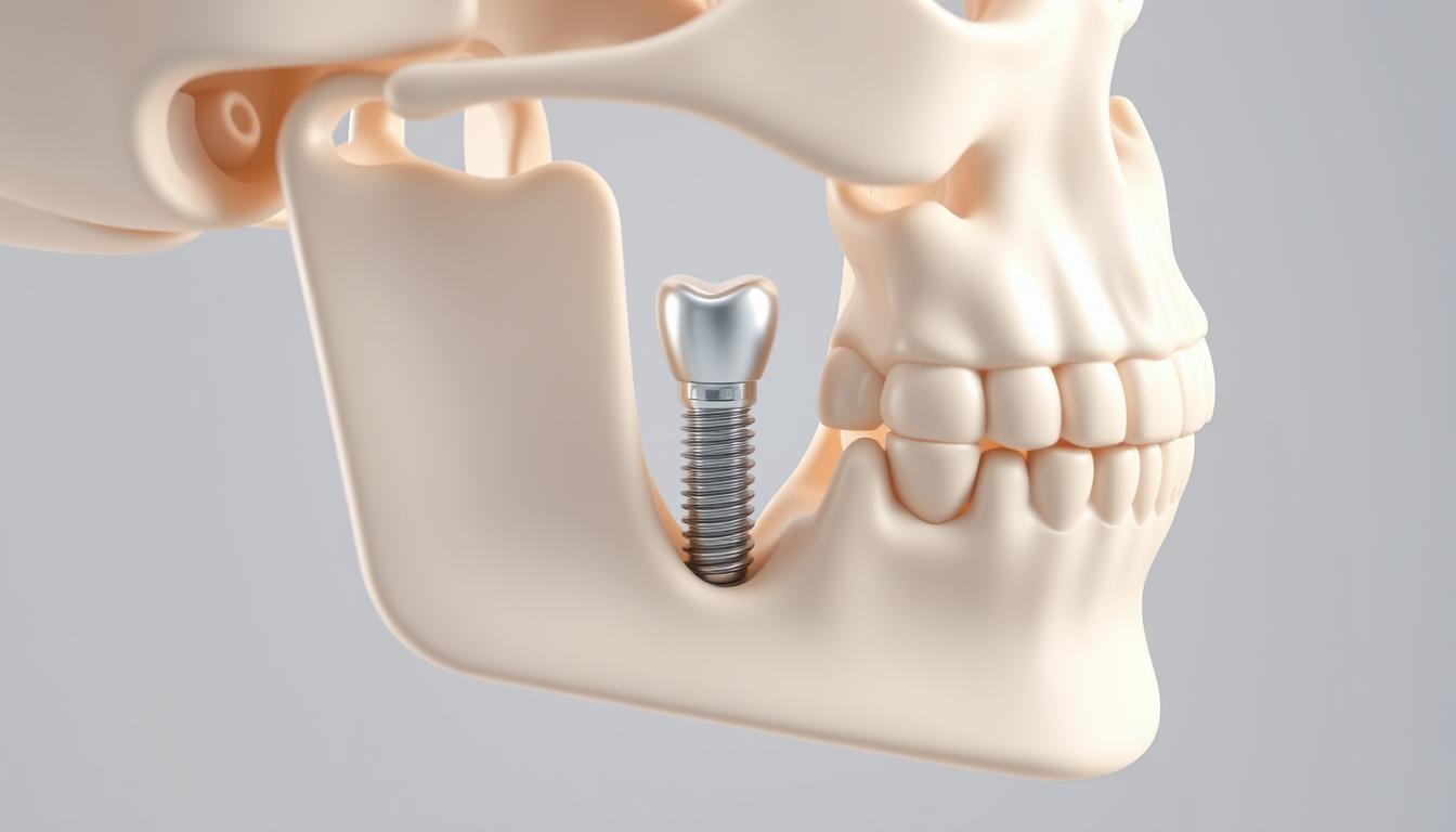A detailed 3D rendering of a human jawbone with a single tooth implant, showcased against a clean, neutral background. The implant is rendered with high precision, highlighting its sleek metallic design and seamless integration with the surrounding teeth and gums. Soft, directional lighting from the side illuminates the implant, casting subtle shadows that enhance its depth and solidity. The camera angle is set at a slight upward tilt, allowing the viewer to appreciate the implant's natural-looking placement and integration within the dental structure. The overall mood is one of clinical precision, dental expertise, and the benefits of a well-executed single tooth implant solution.