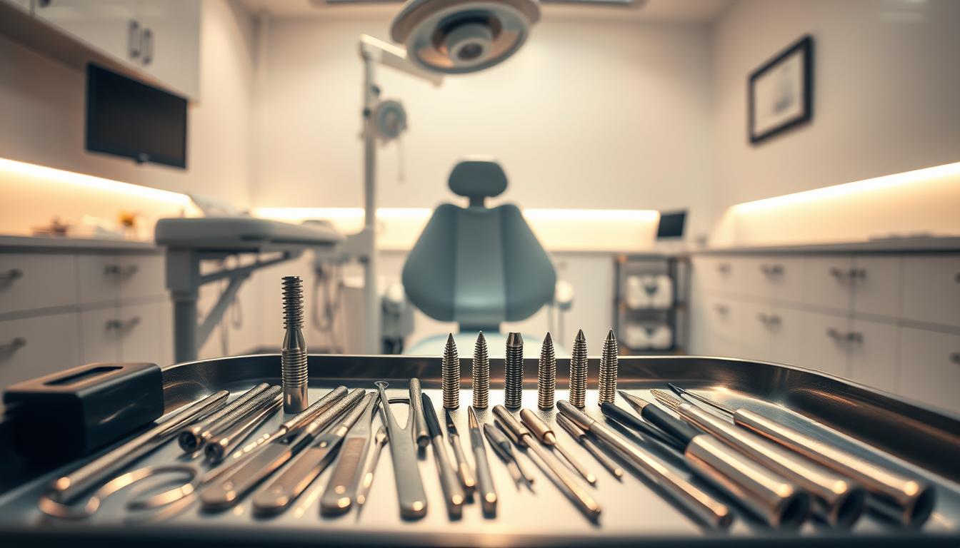 A meticulously detailed surgical procedure room, bathed in soft, warm lighting. In the foreground, an array of specialized dental instruments and tools neatly arranged on a sterile tray, each gleaming under the gentle illumination. In the middle ground, a dentist's chair takes center stage, its sleek, modern design conveying a sense of clinical precision. The background features clean, white walls and minimalist medical cabinetry, creating a calming, professional atmosphere conducive to the delicate dental implant procedure. The scene exudes an air of expertise, care, and preparedness, setting the stage for a successful and reassuring implant operation.