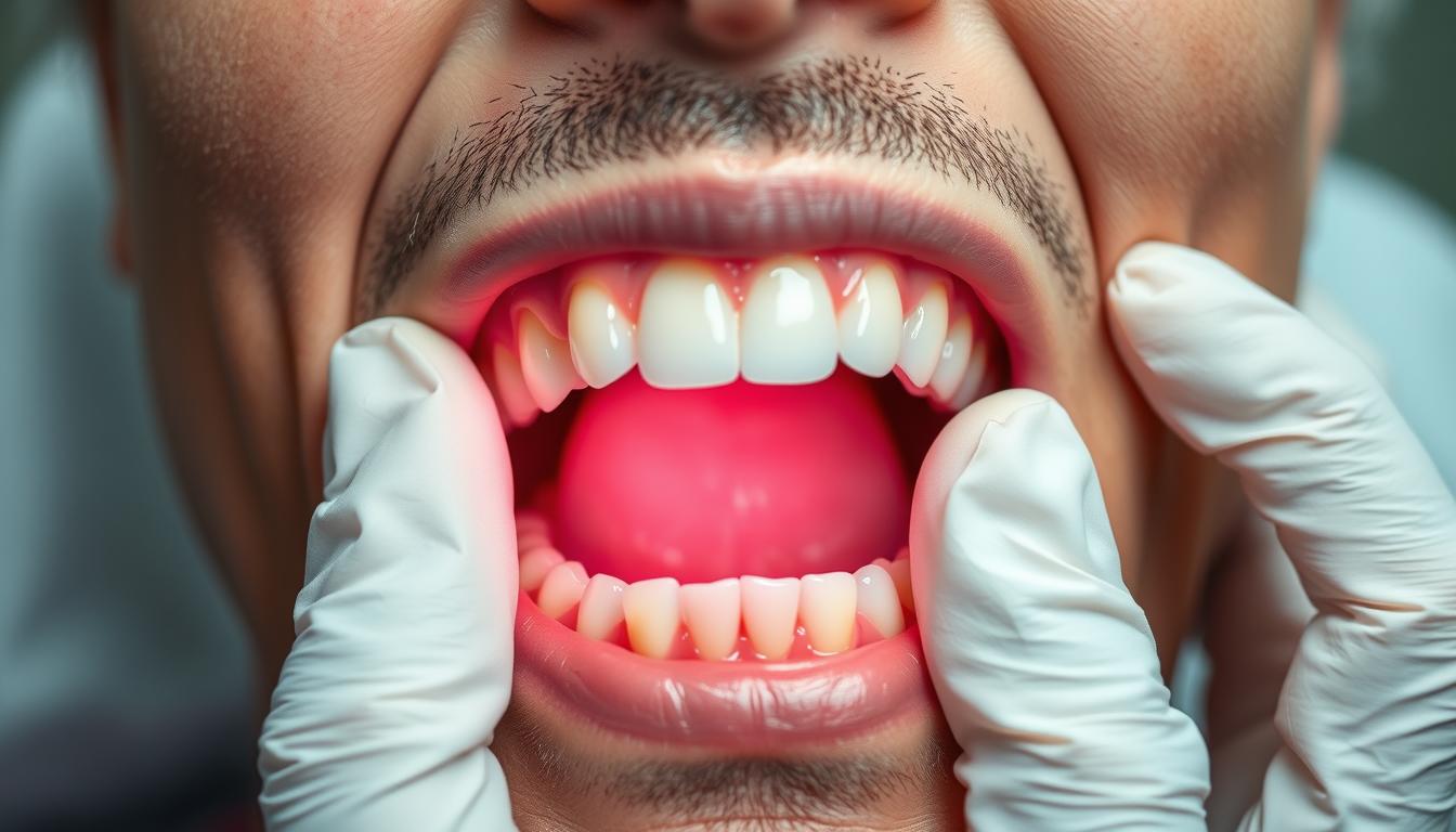 a medical examination of a patient's oral cavity, highlighting the gums and teeth, under bright, evenly distributed lighting, captured with a high-resolution macro lens at a close, frontal angle to showcase the intricate details of the periodontal tissues. The patient's mouth is open, revealing the teeth and gums in clear focus, with the clinician's gloved hands gently manipulating the patient's jaw to provide an unobstructed view. The image conveys a sense of clinical precision and attention to detail, emphasizing the importance of a thorough periodontal examination in understanding the patient's oral health status and guiding appropriate treatment, such as scaling and root planing.