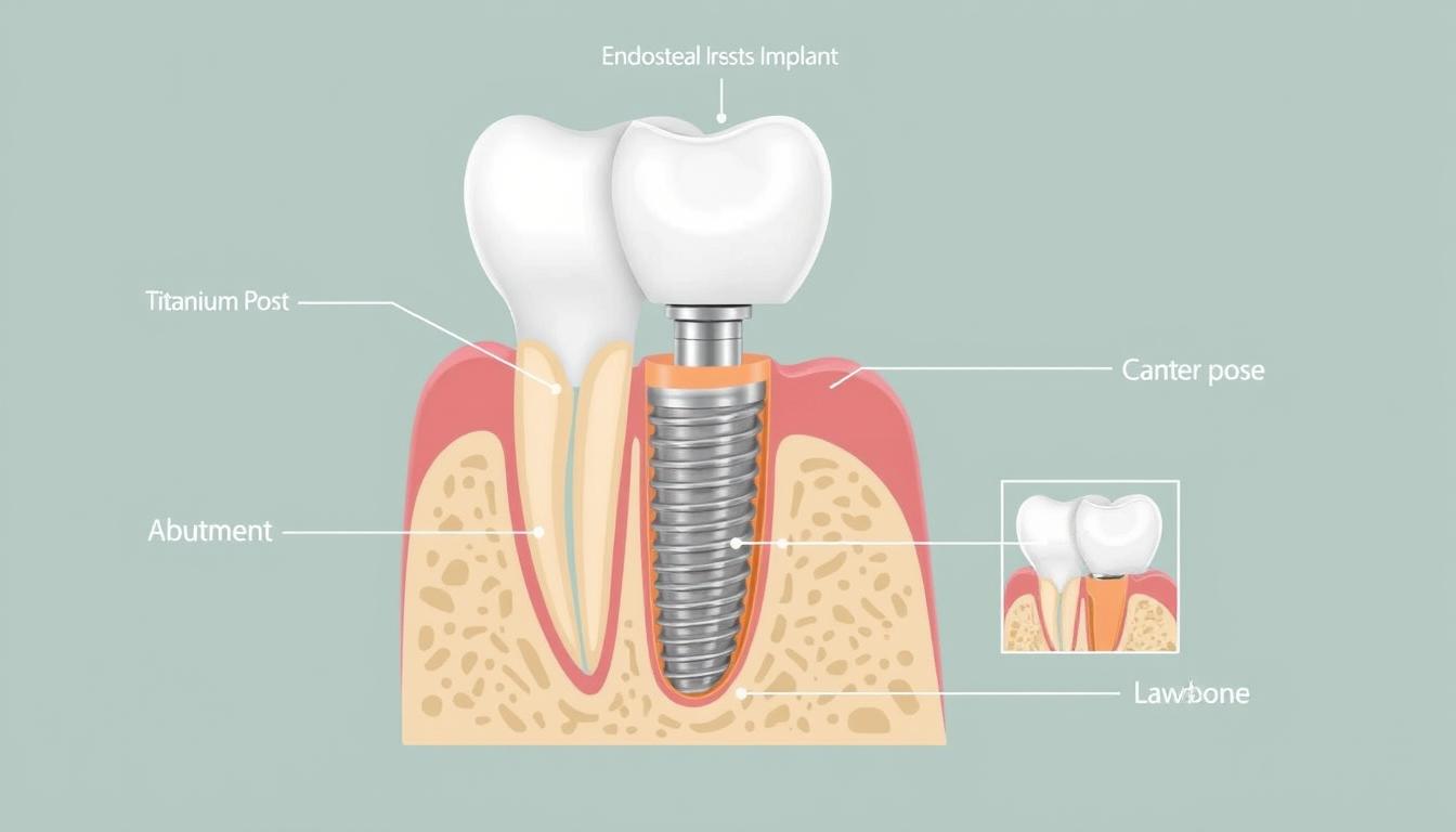Endosteal implant structure showing titanium post inserted into jawbone with crown attachment