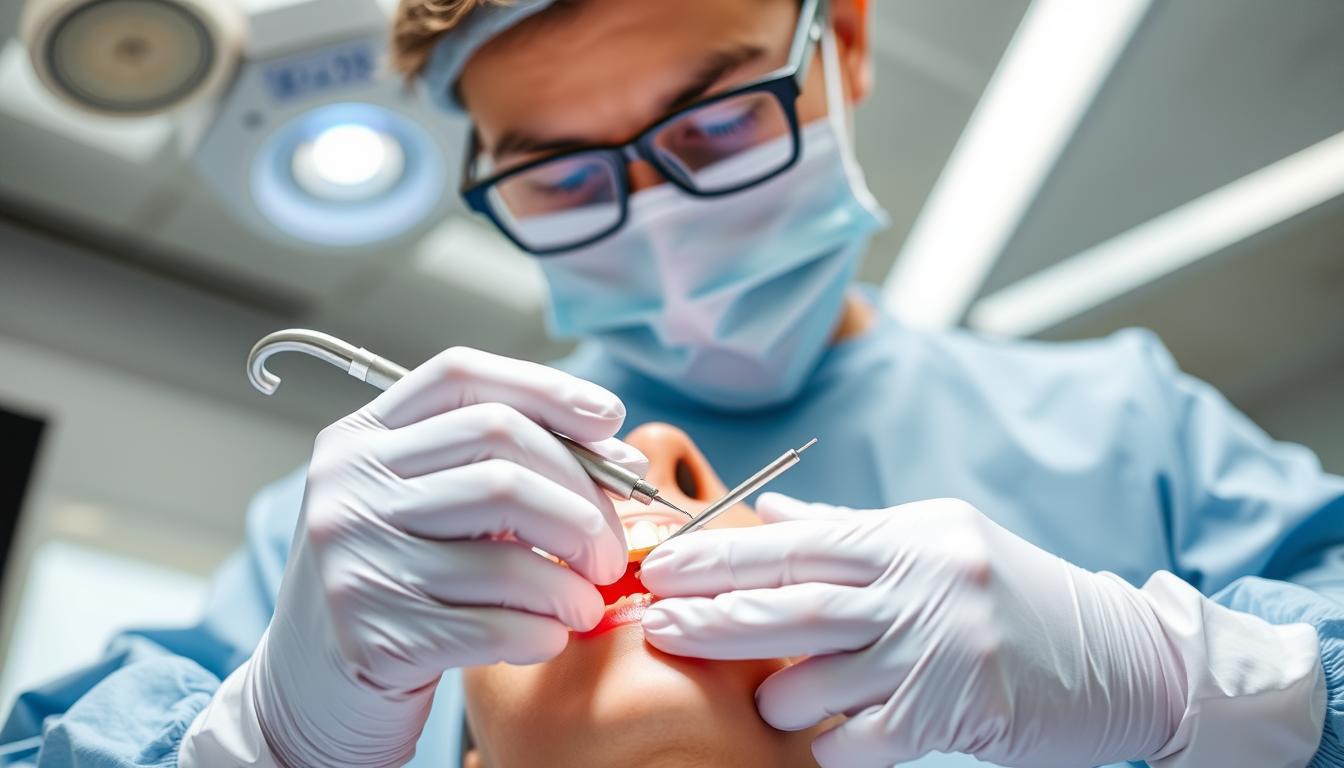 Dentist performing mini dental implant procedure