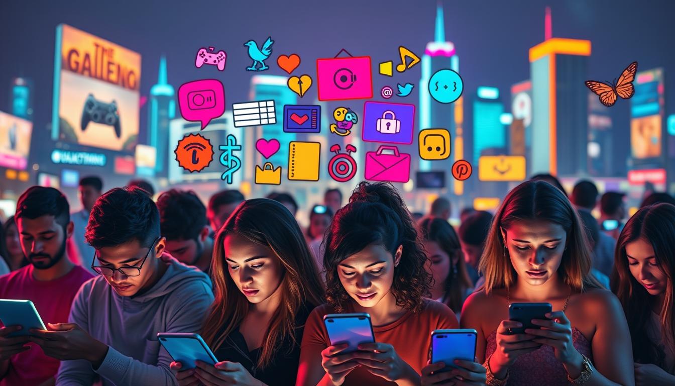 A vibrant, visually captivating scene showcasing the essence of trending and viral entertainment. In the foreground, a group of diverse individuals engrossed in their digital devices, faces aglow with the flickering light of viral videos, social media posts, and the latest viral sensations. In the middle ground, a collage of bold, eye-catching icons, logos, and visual motifs representing the diverse landscape of viral entertainment - from gaming and music to memes and viral challenges. The background is a dynamic, neon-infused cityscape, pulsing with the energy and excitement of the digital age. Soft, diffused lighting casts a warm, inviting glow over the entire scene, creating a sense of immersion and digital interconnectivity. The overall composition conveys the idea of a rapidly evolving, visually stimulating world of trending and viral entertainment.