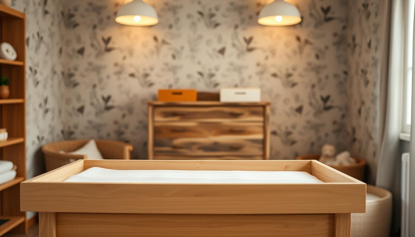 A cozy, well-lit nursery setting with a prominent, minimalist wooden changing table in the foreground. The table has a smooth, natural finish and simple design, devoid of any synthetic materials or harsh chemicals. Plush, organic cotton changing pads in soft, muted tones sit atop the table. In the middle ground, a rustic wooden dresser with clean lines and minimal hardware complements the changing table. The background features a serene, nature-inspired wallpaper with subtle botanical motifs, creating a calming, chemical-free atmosphere. Warm, diffused lighting from overhead fixtures casts a gentle glow, highlighting the natural textures and earthy tones throughout the scene.