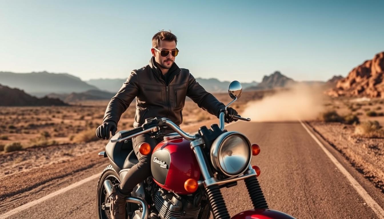 A desert road winds through rugged Moroccan mountains, the sun casting warm hues on a classic motorcycle. In the foreground, the rider in leather jacket and goggles inspects the bike, its gleaming chrome and red paint reflecting the arid landscape. Distant peaks jut against a hazy blue sky, while a cloud of dust trails behind the adventurer, hinting at the journey ahead. The scene evokes the thrill of motorcycle exploration, the rider poised to discover Morocco's hidden wonders.