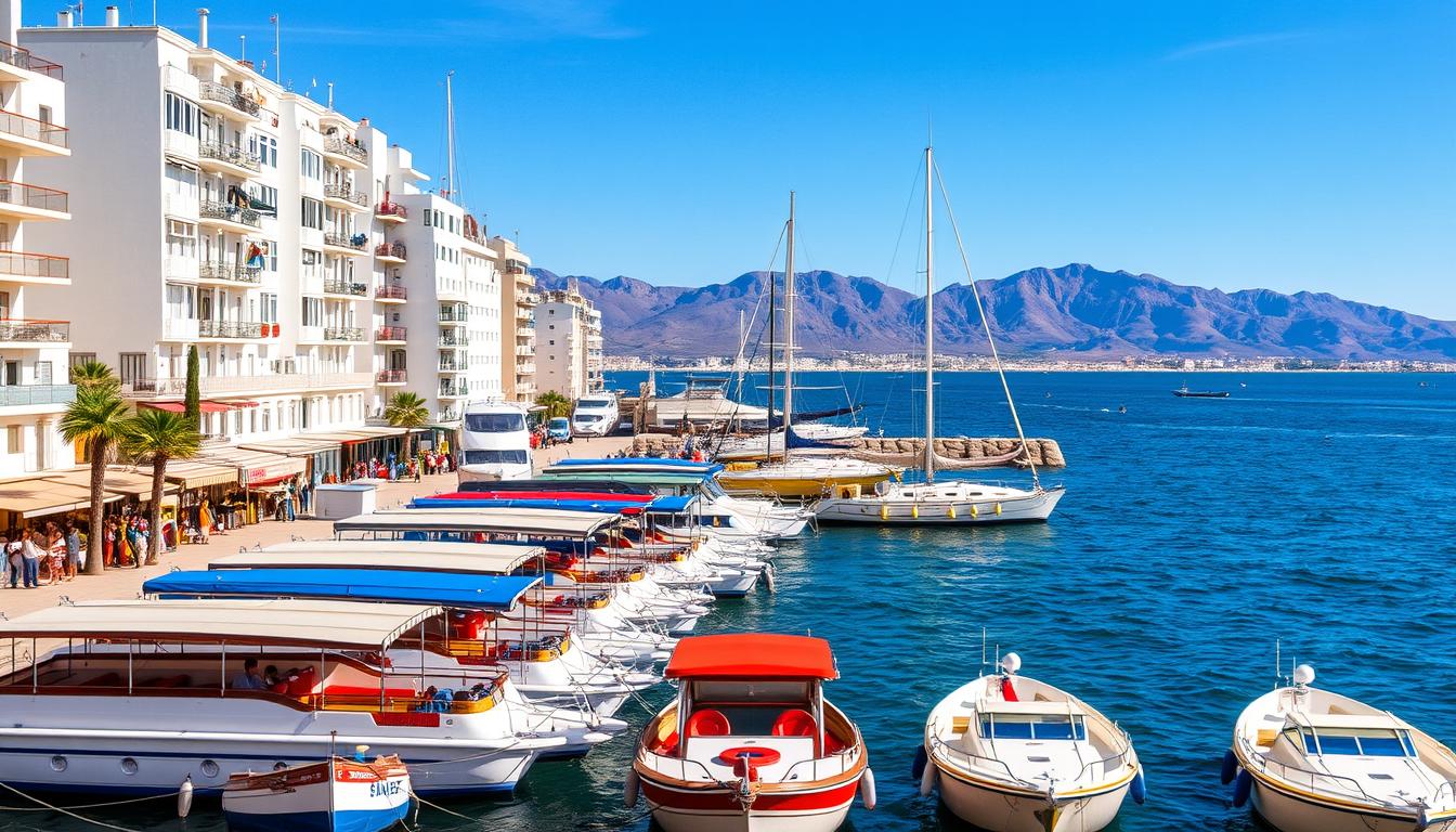A bustling port town on the southern coast of Spain, Tarifa serves as a popular departure point for day trips to the shores of Morocco. Capture the energy of this vibrant setting - a Mediterranean harbor flanked by towering white buildings, their sun-dappled facades contrasted by the deep blue of the Strait of Gibraltar. In the foreground, feature a lineup of tour boats, their colorful hulls and billowing sails hinting at the exotic adventures that await across the water. In the middle ground, depict the Moroccan coastline visible in the distance, its rugged mountains rising from the horizon. Imbue the scene with a sense of anticipation and possibility, as travelers eagerly prepare to embark on their journey to the African continent.
