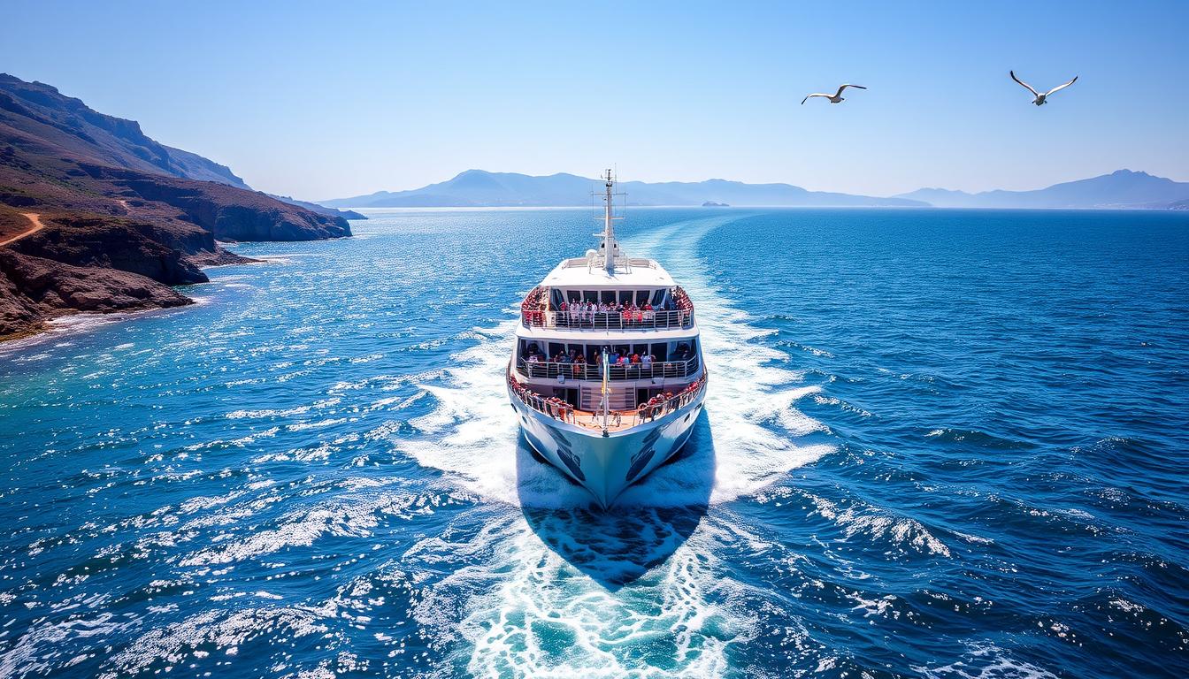 A majestic ferry gliding across the shimmering waters of the Strait of Gibraltar, connecting the sun-drenched shores of Spain to the mystical land of Morocco. The sleek vessel cuts through the currents, its hull reflecting the azure sky above. Passengers lean against the railings, gazing out at the rugged coastlines and distant mountains on both sides. Seagulls soar alongside, their cries mingling with the gentle lapping of the waves. The air is crisp and invigorating, hinting at the exotic adventures that await on the Moroccan side. This intermodal journey is the gateway to a world of discovery, a seamless transition from Europe to Africa.