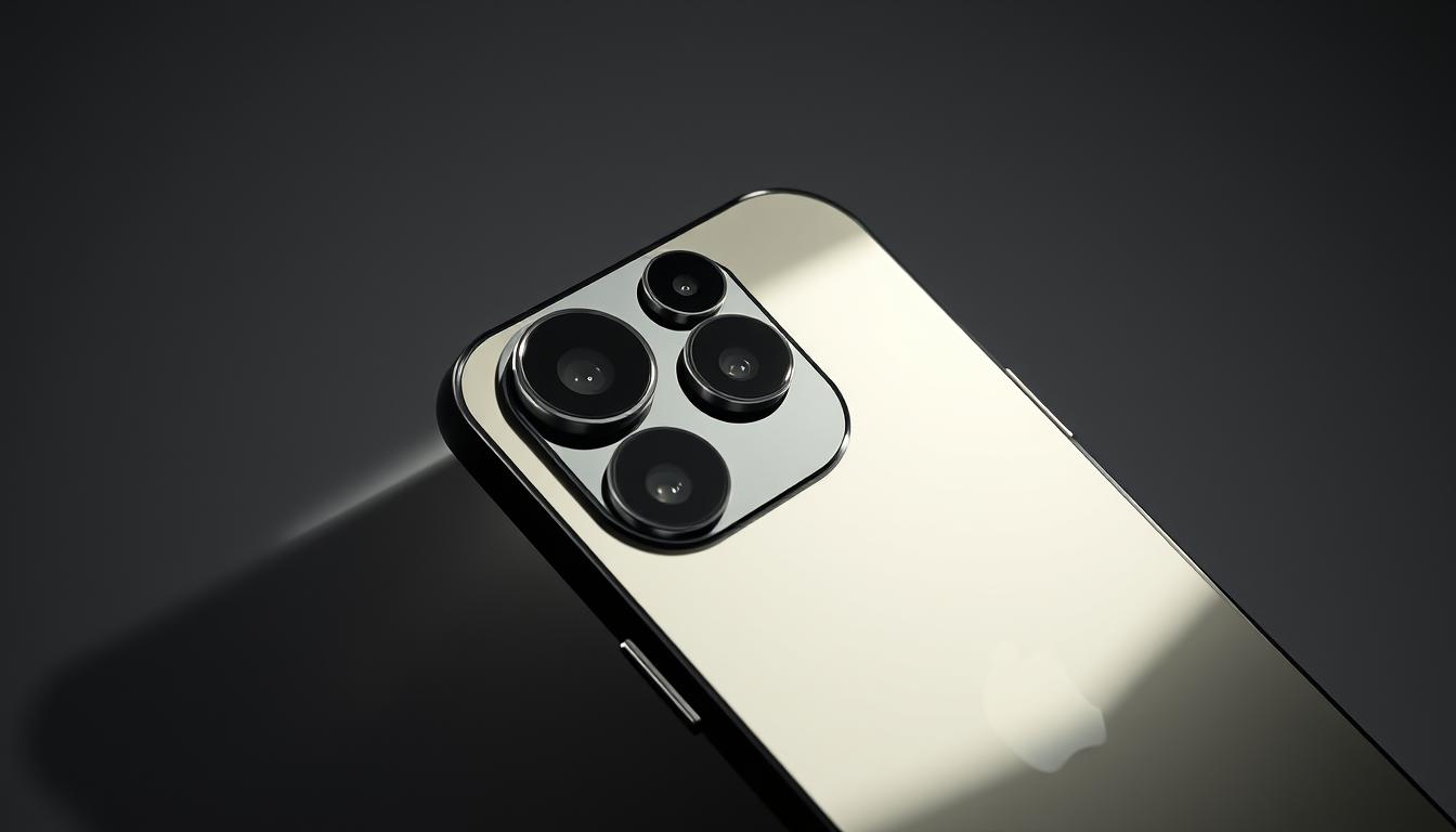 A sleek, high-tech iPhone 16 Pro Max design, showcasing its state-of-the-art features. The device's premium metal chassis and glossy glass panel exude a sophisticated, futuristic aesthetic, reflecting the next generation of smartphone innovation. Dramatic studio lighting casts intriguing shadows and highlights the device's razor-sharp edges and subtle curves. The camera module, a focal point, is captured in crisp detail, hinting at its advanced computational photography capabilities. The background is a serene, minimalist space, allowing the iPhone's striking design to take center stage and inspire awe in the viewer.