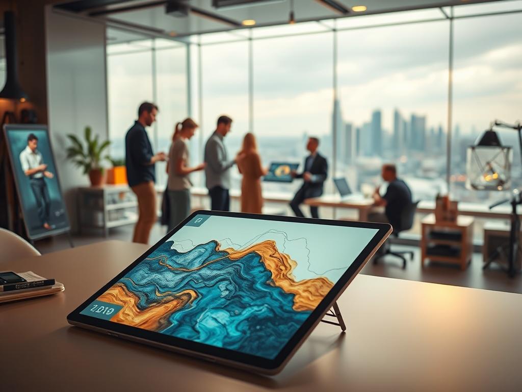A futuristic workspace where artificial intelligence collaborates seamlessly with human creatives. In the foreground, a digital artist's tablet displays an intricate digital painting, the brushstrokes guided by an AI assistant. In the middle ground, a team of designers and engineers huddle around a holographic display, brainstorming innovative product concepts powered by machine learning algorithms. The background showcases a panoramic view of a city skyline, hinting at the boundless possibilities that emerge when human ingenuity and AI converge. Warm, diffused lighting creates a sense of wonder and discovery, as the scene embodies the dawn of a new creative era where technology empowers, rather than replaces, human creativity.