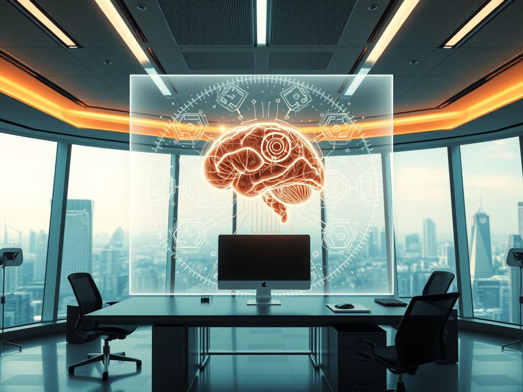 A sleek, futuristic office setting with a central holographic display showcasing the intricate workings of an advanced AI system. The display emits a soft, ambient glow, illuminating the workspace. The foreground features a desk with a high-end computer setup, while the background depicts floor-to-ceiling windows overlooking a modern cityscape. The lighting is a combination of warm, indirect sources and cool, directional beams, creating a harmonious balance. The overall atmosphere conveys a sense of technological sophistication and cognitive computing prowess.