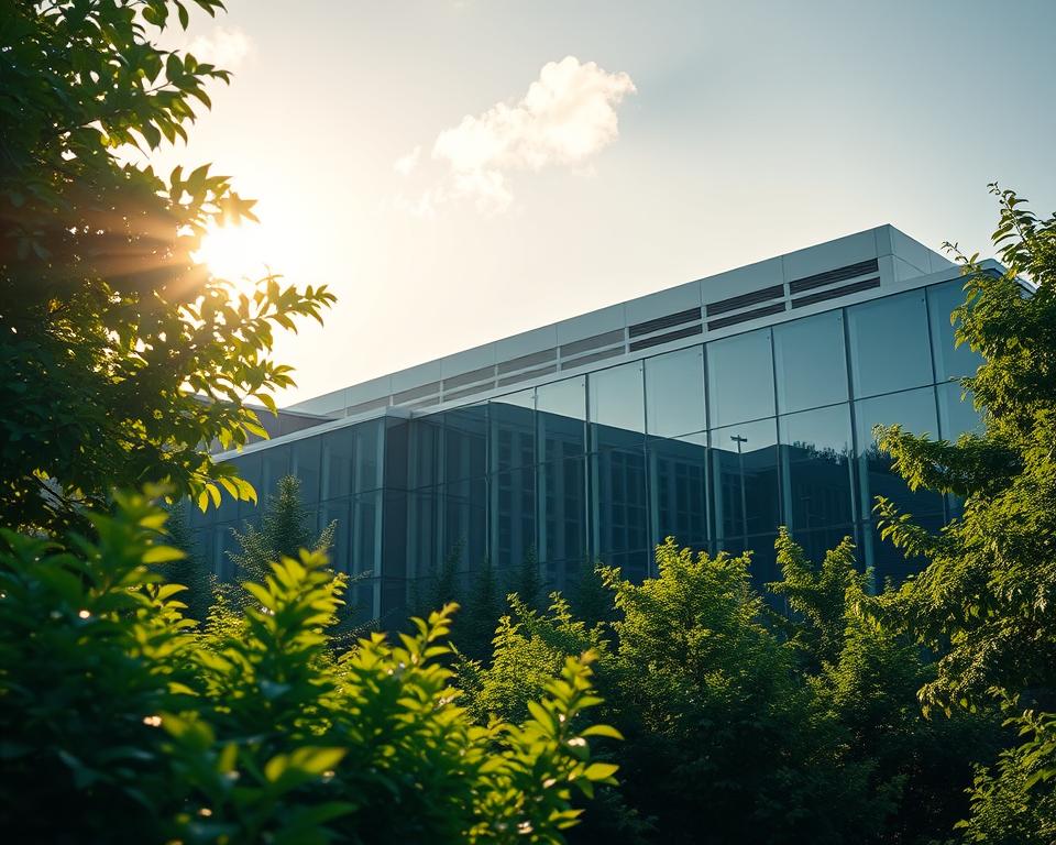 A serene, privacy-first cloud datacenter nestled in the heart of Europe. A sleek, futuristic building with clean lines and minimal ornamentation, surrounded by lush green foliage. Sunlight filters through the glass facades, casting a warm glow over the scene. Discreet security measures blend seamlessly into the architecture. Inside, state-of-the-art servers hum quietly, safeguarding sensitive data for Multiple Content and their EU startup clients. An oasis of digital privacy and compliance in a connected world.
