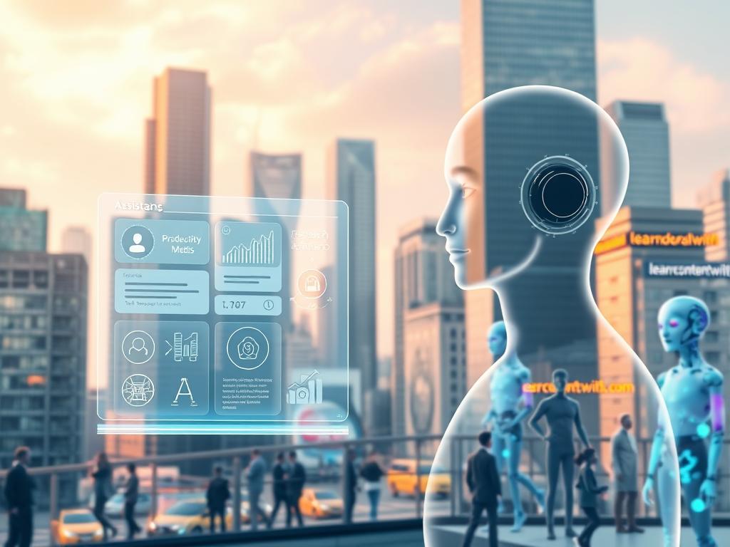A bustling virtual assistant hub showcasing its diverse benefits. In the foreground, a sleek, semi-transparent holographic assistant hovers, its interface displaying productivity metrics, task management tools, and communication features. In the middle ground, various digital avatars representing different AI capabilities - language translation, research assistance, and task automation - interact harmoniously. The background depicts a dynamic cityscape, with skyscrapers adorned with the &amp;amp;quot;learncontentwithai.com&amp;amp;quot; brand, symbolizing the integration of virtual assistants into modern life. The scene is illuminated by a warm, diffused lighting, creating a sense of technological innovation and empowerment.