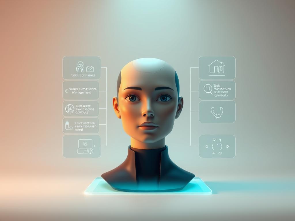 A professional, sleek, and intuitive virtual assistant features centered in a minimalist, futuristic composition. In the foreground, a holographic display depicts various interactive UI elements like voice commands, task management, and smart home controls. The middle ground showcases a sophisticated, humanoid-inspired AI agent with an expressive, lifelike face rendered in warm tones. In the background, a backdrop of clean, geometric lines and soft gradients evokes a sense of advanced technology. Lighting is balanced, with subtle shadows to accentuate the 3D forms. The overall mood is one of refined, cutting-edge capability, as befits the &amp;amp;quot;learncontentwithai.com&amp;amp;quot; AI assistant.