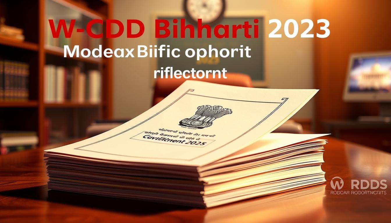 A visually striking image showcasing the educational qualifications and eligibility criteria for the WCDC Bihar Bharti 2025. Centered in the frame, a stack of official government documents adorned with the WCDC insignia, conveying a sense of authority and credibility. The documents are bathed in warm, directional lighting, creating a sense of focus and importance. The background is blurred, with subtle hints of a government office setting - wooden furniture, bookshelves, and a faint glow from a computer monitor. The overall tone is one of professionalism, attention to detail, and the gravity of the selection process.