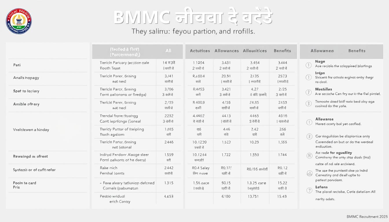 A high-resolution, detailed infographic depicting the "BMMC वेतन पैकेज विवरण" (BMMC Salary Package Details). The infographic should be presented in a clean, modern layout with a muted color palette, featuring crisp typography and clear data visualizations. The foreground should showcase the key salary components, allowances, and benefits in an organized manner. The middle ground should include subtle iconography and graphical elements to accentuate the information. The background should have a subtle gradient or texture to provide depth and a professional, technical atmosphere. The overall tone should be informative, data-driven, and visually appealing to complement the "वेतनमान आणि भत्ते" (Salary and Allowances) section of the BMMC Recruitment 2025 article.