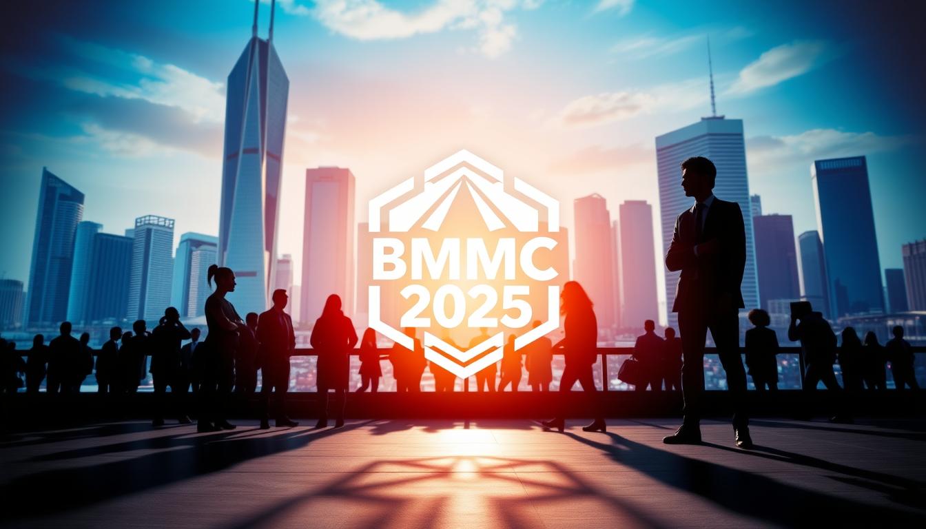 A visually striking advertisement for the BMMC 2025 recruitment, set against a vibrant, modern backdrop. In the foreground, a bold, eye-catching logo dominates the frame, rendered in a clean, geometric style. The middle ground features silhouetted figures of diverse individuals, representing the breadth of the organization's workforce. The background is a dynamic, urban landscape, with towering skyscrapers and a hint of a bustling city skyline. The lighting is crisp and directional, casting dramatic shadows and highlights that accentuate the three-dimensional elements. The overall mood is one of professionalism, progress, and opportunity, inviting potential applicants to explore the BMMC's 2025 recruitment drive.