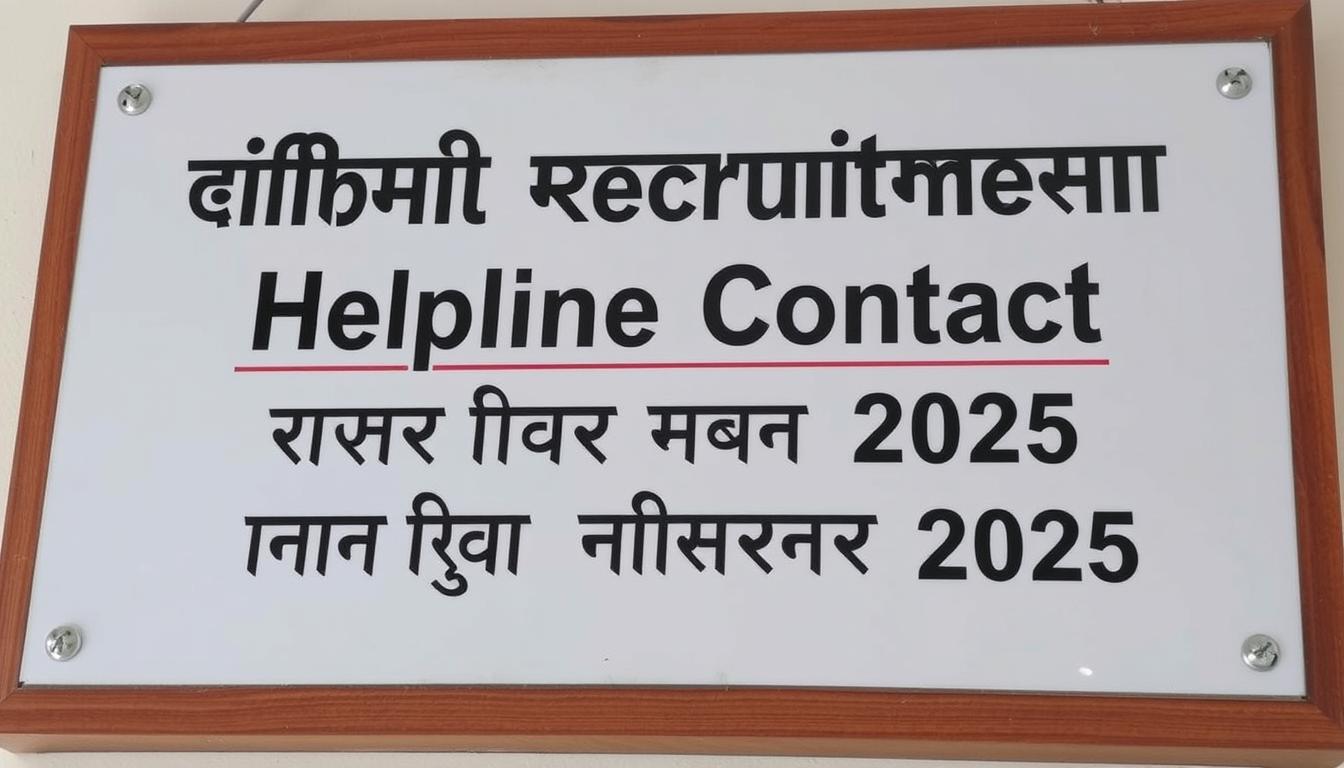 A detailed sign board displaying the "Pilibhit Recruitment Helpline Contact" information in Devanagari script. The sign is mounted on a sturdy wooden frame, with a clean and modern design. The text is prominently featured, set against a neutral background that allows the information to stand out clearly. The lighting is soft and even, highlighting the clarity of the text. The angle of the shot captures the sign in its entirety, allowing the viewer to easily read and understand the content. The overall mood is professional and informative, suitable for use in an article about the Pilibhit District Recruitment 2025.
