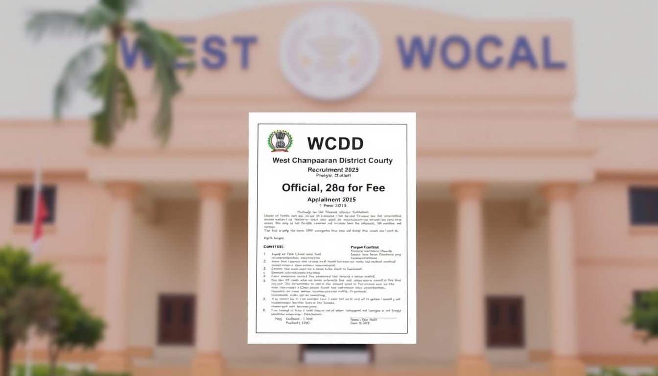 A crisp, high-resolution image of the official application fee notice for the WCDC (West Champaran District Court) recruitment 2025. The notice appears in the foreground, centered and prominently displayed, with a clean, professional design. The background is a subtly blurred image of the WCDC building or logo, conveying a sense of authority and legitimacy. The lighting is soft and even, highlighting the text and important details of the fee notice. The overall tone is one of informative clarity, suitable for inclusion in an article about the WCDC recruitment process.