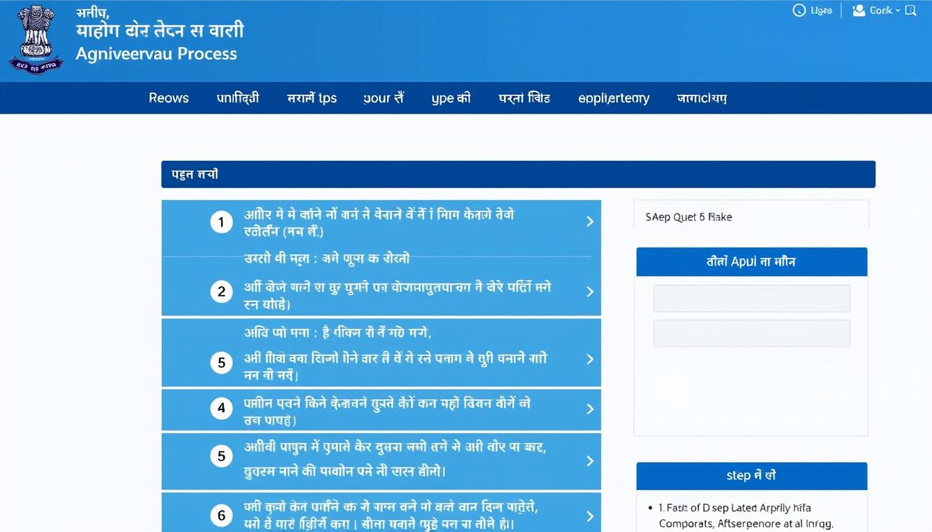 An official-looking webpage displaying the step-by-step "ऑनलाइन आवेदन प्रक्रिया" for the Indian Air Force Agniveervayu recruitment in 2025. The page has a clean, modern design with a blue and white color scheme, presenting the application process in a clear and organized manner. The layout includes prominent headings, numbered steps, and relevant icons to guide the user through the online application procedure. The overall tone is professional and informative, reflecting the official nature of the Indian Air Force recruitment drive.