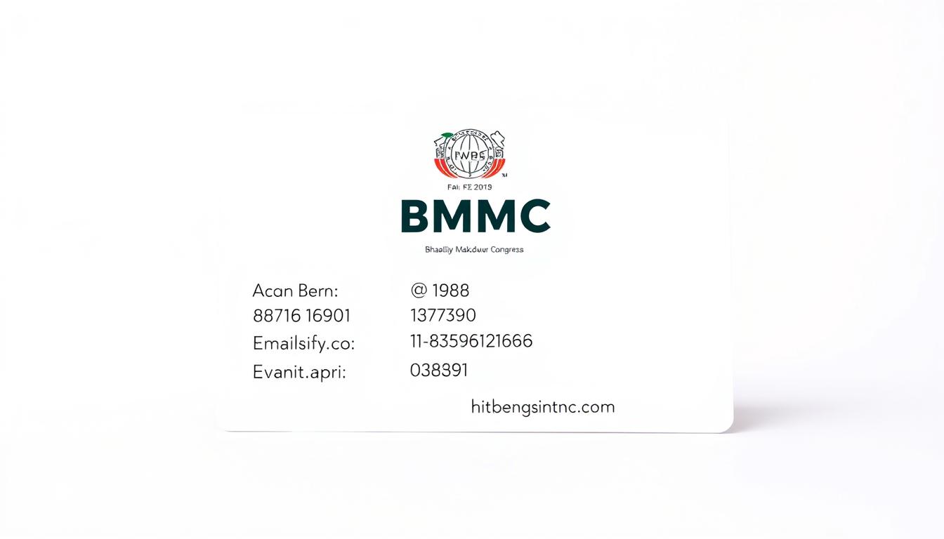 An image of a well-designed contact information card for the BMMC (Bharatiya Mahila Mazdoor Congress) organization. The card is displayed against a simple, clean background with a subtle gradient, creating a professional and visually appealing layout. The card features the BMMC logo prominently, along with key contact details such as the organization's name, address, phone number, email, and website. The design utilizes a mix of sans-serif and serif typefaces, carefully balanced to convey a sense of authority and approachability. The overall presentation is polished and modern, reflecting the credibility and importance of the BMMC and its role in the article's subject matter.