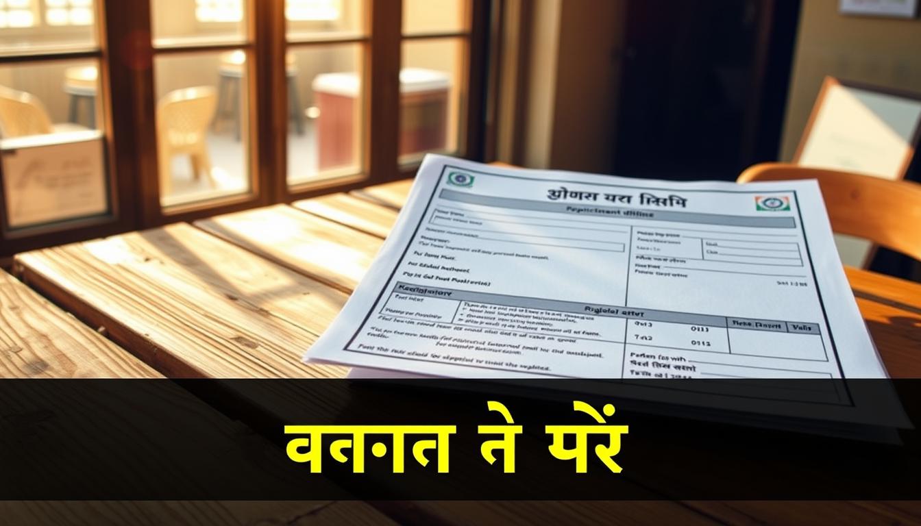 Pilibhit district offline recruitment application form, displayed on a rustic wooden table. Warm afternoon sunlight filters through a nearby window, casting soft shadows across the document. The form's header and layout elements are rendered in a traditional Indian aesthetic, hinting at the regional context. The background features a blurred view of an office space or administrative setting, emphasizing the official nature of the process. The overall composition conveys a sense of authenticity and attention to detail, suitable for illustrating the "ऑफलाइन आवेदन प्रक्रिया" section of the article.