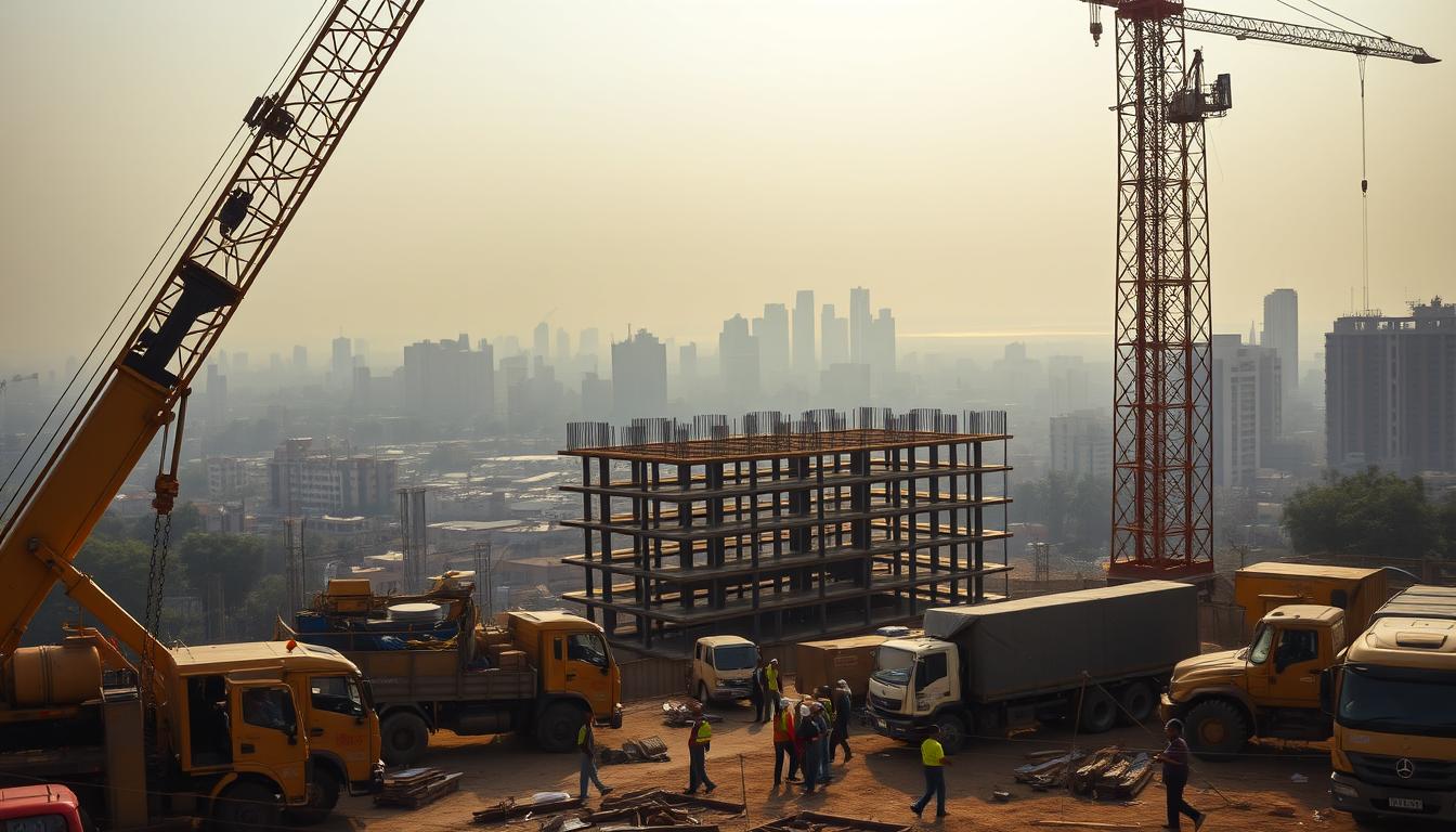 A bustling BMMC construction site in the heart of Mumbai, India. The foreground features heavy machinery like cranes, excavators, and trucks moving materials and equipment. In the middle ground, workers in hard hats and reflective vests are engaged in various tasks, constructing the framework of a new multi-story building. The background showcases the iconic Mumbai skyline, with towering skyscrapers and the distant Arabian Sea visible. Warm, diffused sunlight filters through the hazy atmosphere, casting long shadows and creating a sense of energy and productivity. The scene conveys the dynamism and hustle of the BMMC's active worksite, a critical component of the city's ever-evolving landscape.
