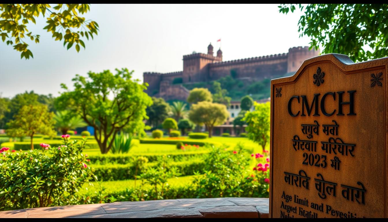 A serene and tranquil landscape, showcasing the age limit and relaxation for the CMCH Vellore Recruitment 2025. In the foreground, a carved stone plaque displays the text "CMCH वेल्लोर आयु सीमा" in a elegant script, with sunlight gently illuminating the intricate details. The middle ground features a lush, verdant garden with flourishing trees and vibrant flowers, conveying a sense of growth and opportunity. In the background, the iconic Vellore Fort stands tall, its ancient walls and towers casting a majestic shadow over the scene, symbolizing the rich history and tradition of the region. The lighting is soft and warm, creating a welcoming atmosphere that invites the viewer to explore the details and contemplate the Age Limit and Relaxation section of the CMCH Vellore Recruitment 2025 article.