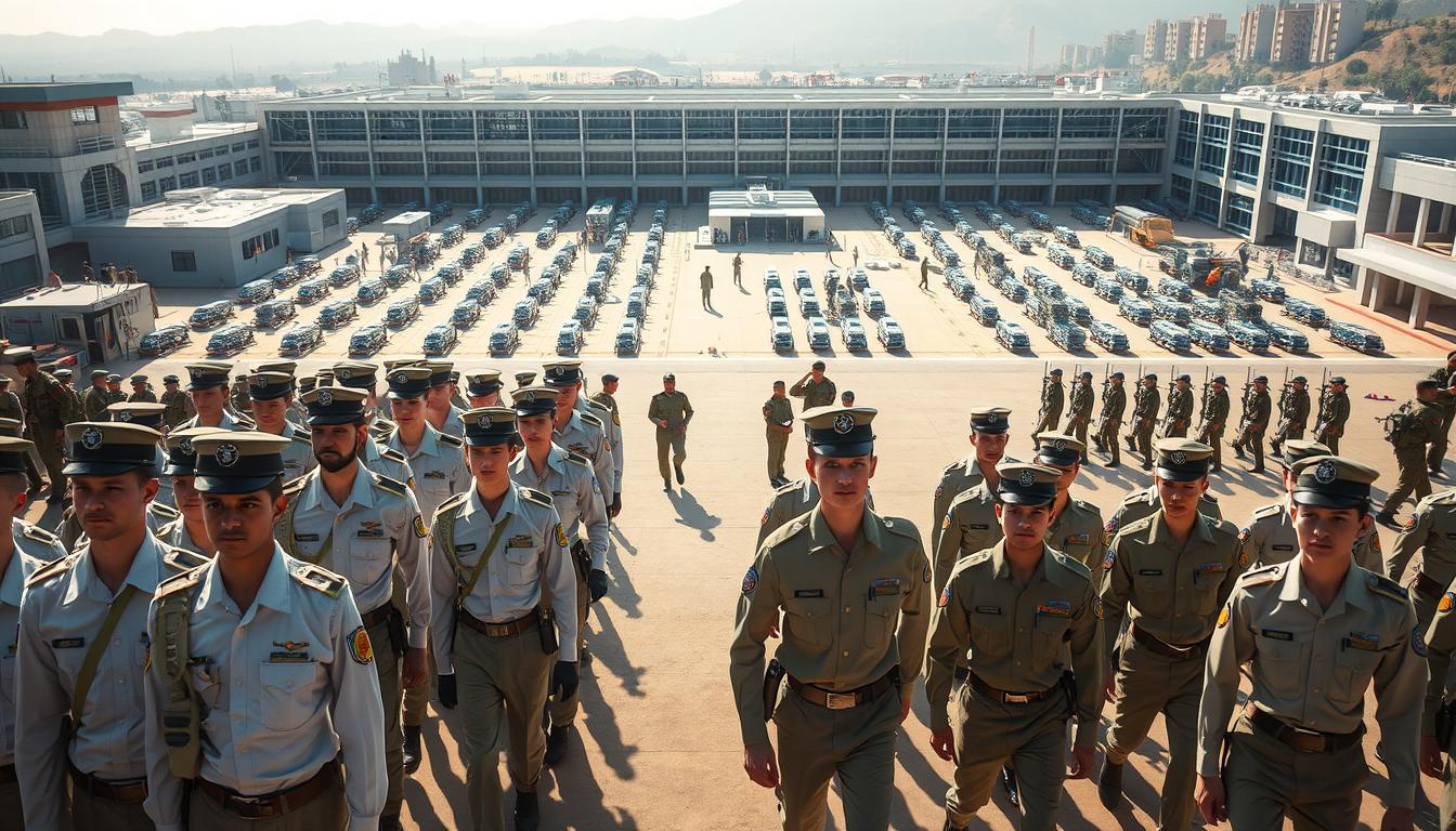 A bustling training ground, where Agniveers undergo rigorous drills and exercises. In the foreground, young recruits in crisp uniforms practice marching in perfect synchronization, their faces determined. In the middle ground, instructors oversee the training, offering guidance and encouragement. The background is filled with a sprawling complex of modern training facilities, complete with state-of-the-art equipment and simulated combat scenarios. Warm sunlight filters through the scene, casting a sense of energy and purpose. The overall atmosphere conveys the discipline, camaraderie, and unwavering commitment that defines the Agniveer training program.