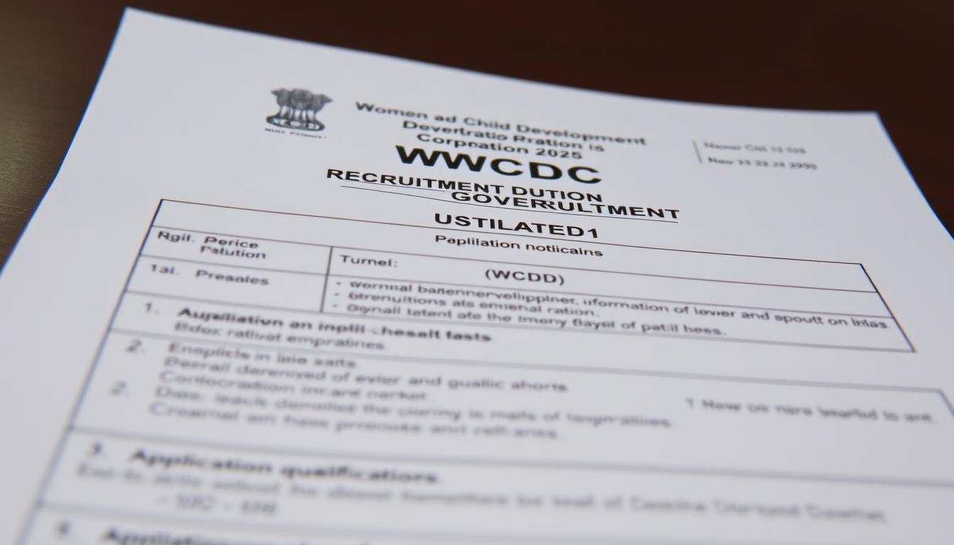 A detailed recruitment notification for the WCDC (Women and Child Development Corporation) Bihar recruitment 2025, displayed on a clean, professional-looking document. The notification features the official WCDC logo, along with key details such as the job titles, educational qualifications, application deadlines, and other relevant information. The layout is organized and visually appealing, with a neutral color scheme and minimalist design elements. The overall mood is informative and authoritative, conveying the importance of this government recruitment drive. The lighting is soft and even, with a slight vignette effect to draw the viewer's attention to the central elements. The camera angle is slightly elevated, giving a sense of importance and gravity to the subject matter.