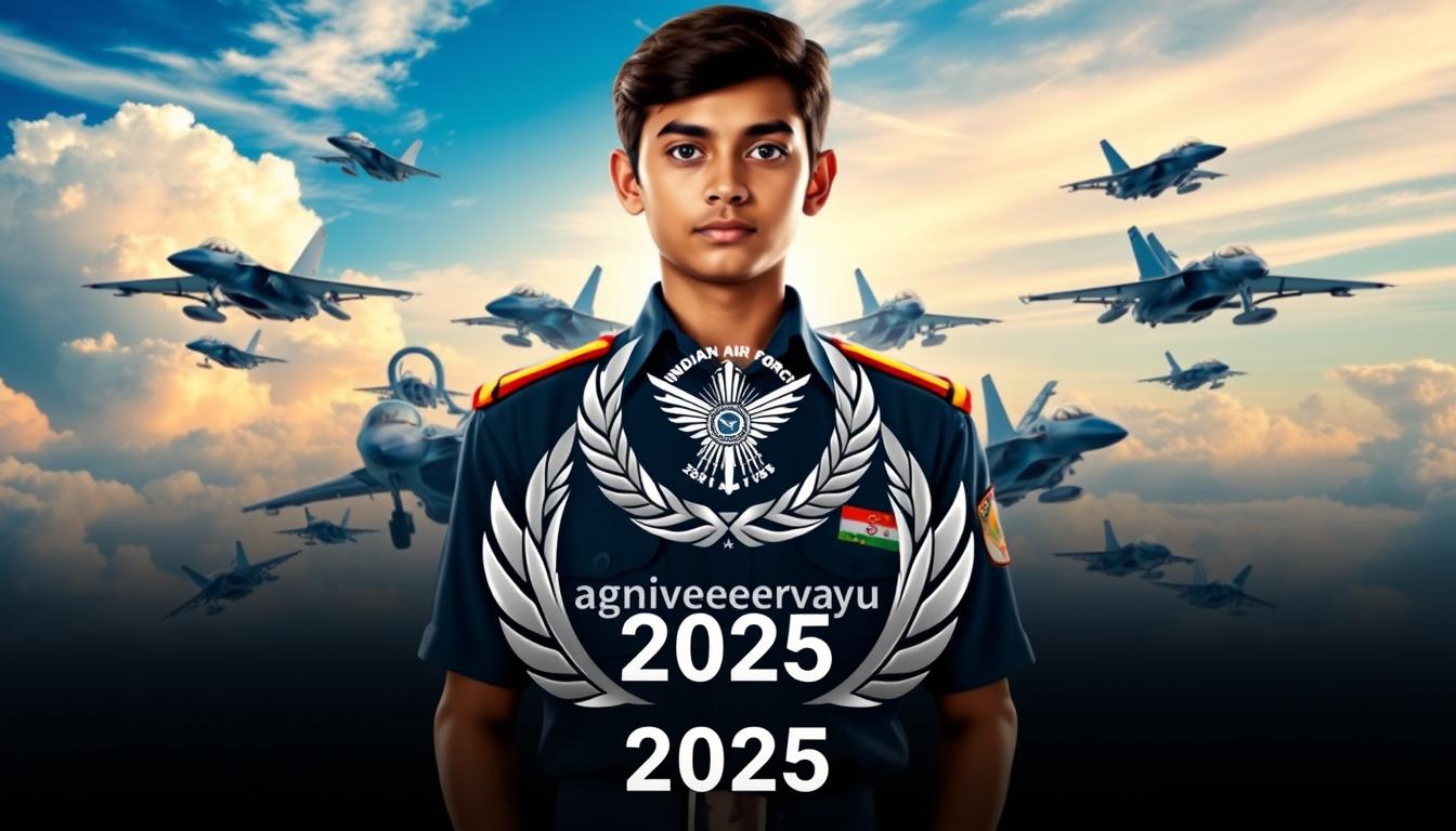 A majestic Indian Air Force recruitment poster for the 2025 Agniveervayu program. In the foreground, a confident young Agniveervayu candidate stands tall, their uniform crisp and their gaze resolute. Behind them, an array of state-of-the-art fighter jets soar across a vibrant, cloud-streaked sky, conveying the power and technology of the IAF. In the middle ground, the IAF crest and the "Agniveervayu 2025" text are prominently displayed, framed by a sleek, metallic design. The overall composition exudes a sense of pride, opportunity, and the pursuit of a meaningful career in service of the nation.