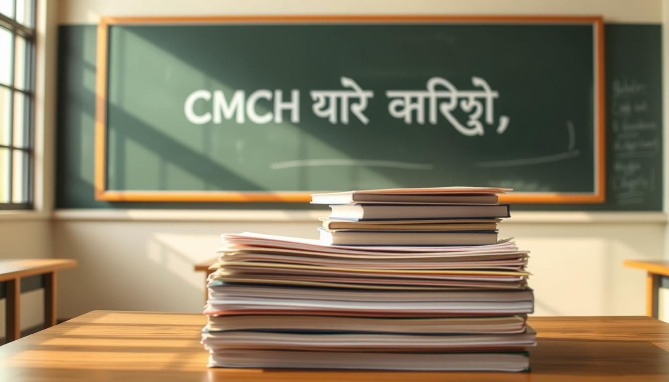 A serene, well-lit classroom setting with a large chalkboard in the background displaying "CMCH वेल्लोर पात्रता शर्तें" in crisp, legible Devanagari script. In the foreground, a stack of textbooks and papers meticulously arranged, conveying an atmosphere of academic diligence. The lighting is warm and natural, streaming in through large windows, casting a soft glow on the scene. The overall mood is one of studious focus and intellectual rigor, befitting the subject of educational qualifications and eligibility criteria.