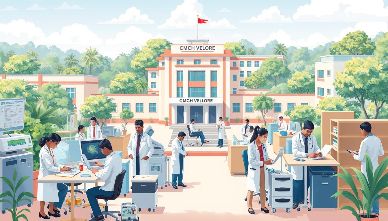 A detailed, high-quality illustration depicting the various job responsibilities for different positions at CMCH Vellore. The image should showcase a professional, organized work environment with hospital staff diligently carrying out their duties. The foreground should feature individuals in medical attire engaged in tasks such as patient care, administrative work, and research. The middle ground should include hospital equipment, medical supplies, and other relevant infrastructure. The background should depict the CMCH Vellore campus, with its distinctive architecture and lush, verdant surroundings. The overall scene should convey a sense of professionalism, efficiency, and dedication to providing excellent healthcare services. Lighting should be natural and balanced, with a warm, inviting tone. The camera angle should be slightly elevated, allowing for a comprehensive view of the various work areas and responsibilities.