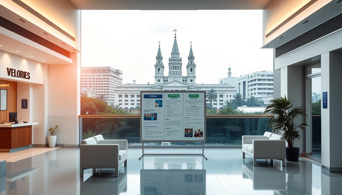 A modern, professional medical facility set against a backdrop of the iconic Vellore skyline. In the foreground, a clean, well-lit reception area with sleek, minimalist furniture and signage. The middle ground showcases a bulletin board displaying job openings, staffing requirements, and application details in a clear, organized manner. The background features the distinct architecture of the Christian Medical College and Hospital, its towering spires and facades conveying a sense of history and prestige. The overall scene emanates an atmosphere of efficiency, progress, and the pursuit of excellence in healthcare. Soft, diffused lighting casts a warm, inviting glow throughout the composition.