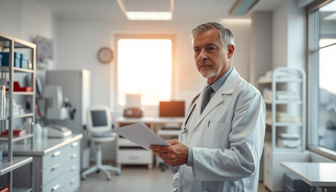 A well-lit, professional-looking medical office setting, with a middle-aged medical officer in a crisp white coat standing in the foreground, examining documents and looking thoughtful. The background should feature modern medical equipment, shelves of medical supplies, and a large window providing natural lighting. The mood should convey a sense of competence, dedication, and a commitment to providing quality healthcare. The overall composition should emphasize the role and responsibilities of a medical officer in a clean, organized, and inviting work environment.
